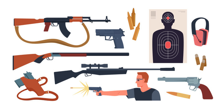 Collection of firearms, ammunition, shooting range accessories, and target practice elements shown in a modern flat style, isolated on white background vector illustration