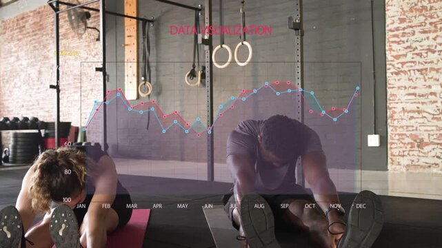 Fitness duo starting stretch on cue for warmup, holding, sitting up, data chart shifting over mats