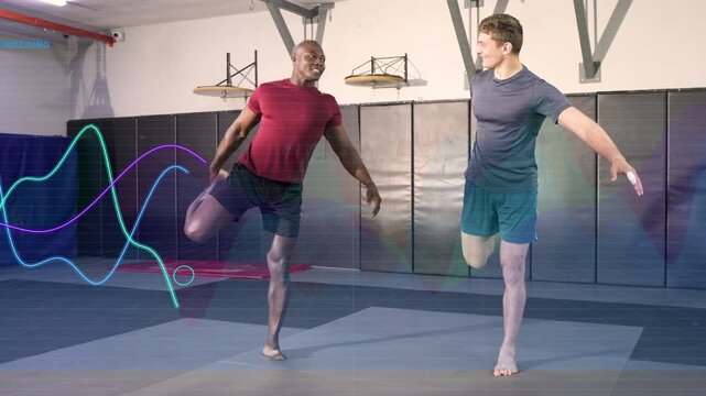 Men doing quad stretch on gym mat releasing foot into leg swings for warmup, waveforms appearing