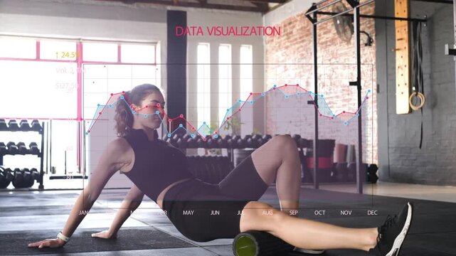 Woman leaning back, extending leg, rolling foam roller for recovery, fitness data chart overlaying