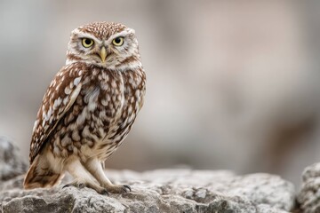 Obraz premium Owl standing on rock with sharp gaze and detailed feathers in natural environment, bird of prey with brown and white plumage, wildlife and nature close-up portrait.