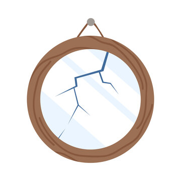 Isolated cracked mirror with wooden frame representing bad luck and superstitious beliefs vector illustration