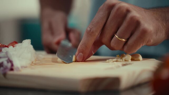 Hands chop garlic on wooden board. Gold ring visible on finger. Focused, careful action. Fresh onions and tomatoes nearby. Chopped garlic ready for cooking. Perfect for culinary tutorial videos