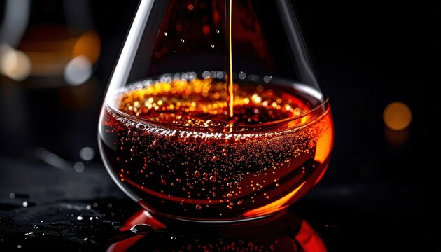Glowing amber liquid in a laboratory flask symbolizing bromine supply risk for semiconductor manufacturing amid Middle East disruption and chip etching demand