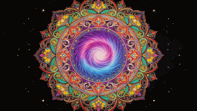 Colorful ornate mandala with spiral galaxy