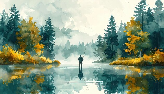 Lone angler standing in quiet lake surrounded by misty forest and autumn trees while fishing peacefully during early morning sunrise in wilderness