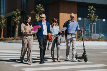 A diverse group of business colleagues walks together across a pedestrian crossing holding...