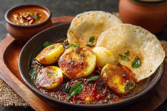 Spicy egg curry served with crispy rice appam bowls in dark rustic dish plate traditional indian kerala breakfast cuisine.