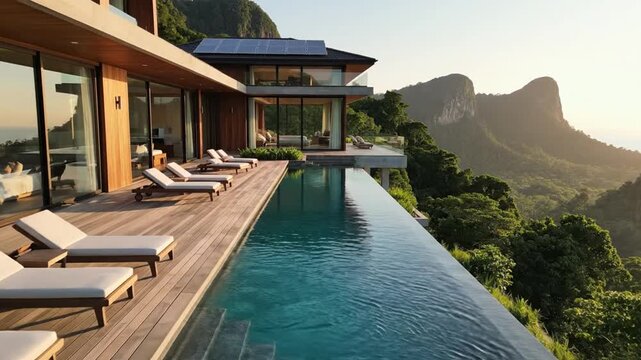 Modern multi-level luxury villa featuring an infinity pool, wooden deck with sun loungers, and solar panels overlooking a lush tropical mountain valley at sunset golden hour.