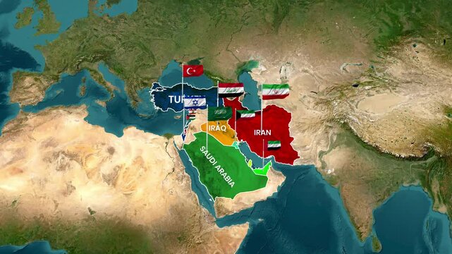 Animated Map of Middle East Countries Highlighted With National Flags