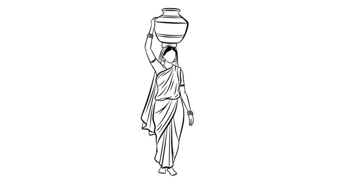 Indian Woman Carrying Water Pot on Head, Traditional Village Life, Outline Sketch