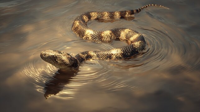 Snake swimming in water, depicting a beautiful natural environment with reflections.