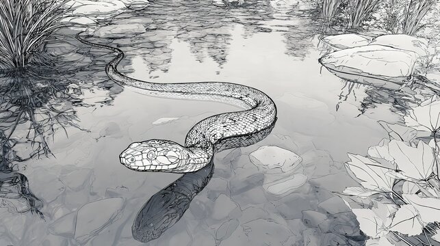 Snake swimming in a body of water with artistic effect and reflection