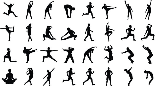 Collection of fitness and yoga silhouettes showing exercise poses, stretching, running, jumping and workout activity vector set