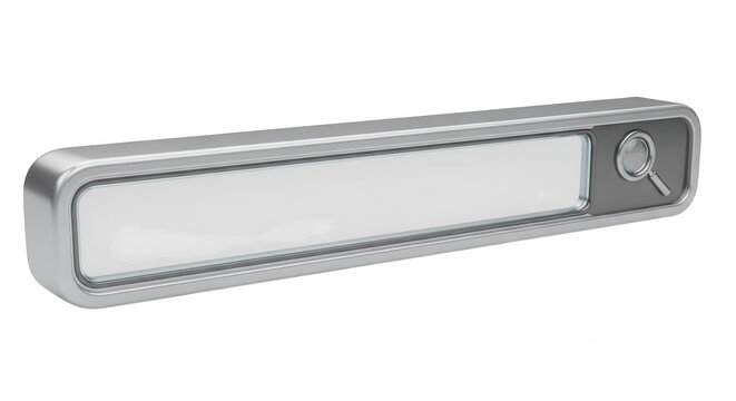 3 d rendered metallic search bar interface with a magnifying glass on a dark background, isolated horizontal input field