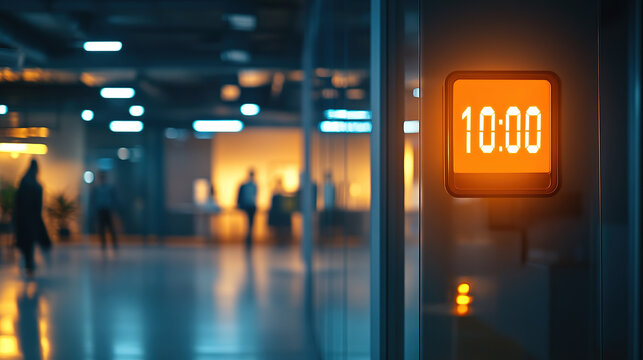 Close up of digital clock in office at night and overtime culture concept