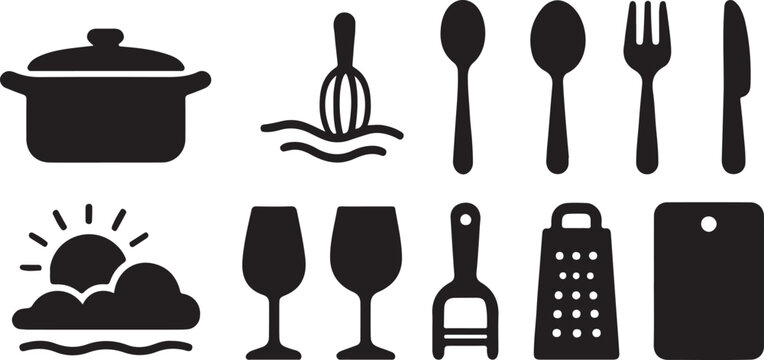 A comprehensive set of clean, professional kitchen and dining silhouettes. Featuring essential cooking tools like a stock pot, whisk, and grater alongside elegant tableware and a sunrise motif.