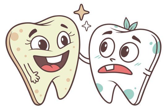 A vibrant yellow cartoon tooth with a wide happy smile and sparkling eyes embraces a worried white tooth with blue spots and a missing lower incisor on a clean white background.