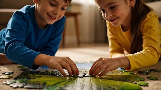 Brother and sister work together on a jigsaw puzzle on the living room floor