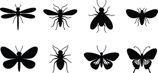 Naklejka premium Flying insect silhouette set with butterflies, bees and dragonflies vector illustration collection