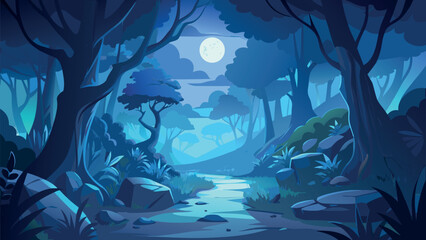 Obraz premium Enchanted Night Forest Landscape with Full Moon and Mystic Blue Moonlight