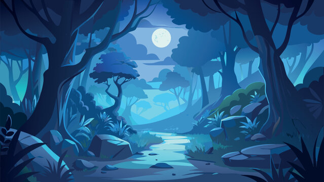 Enchanted Night Forest Landscape with Full Moon and Mystic Blue Moonlight
