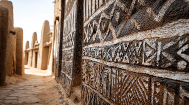 Intricate mud-brick patterns adorn ancient African architecture in a desert village. Detailed geometric carvings on a traditional mud-brick building, with blurred alleyway and structures in background