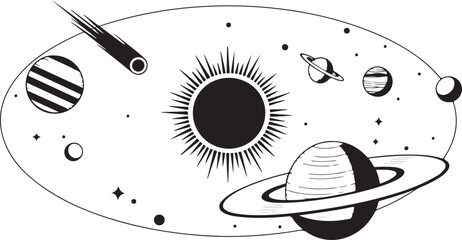 Sketch solar system. Hand drawn planets orbits, planetary and earth orbit vector illustration set. Astronomy themed coloring book drawings pack and Cosmic Space Illustration © KULSUM