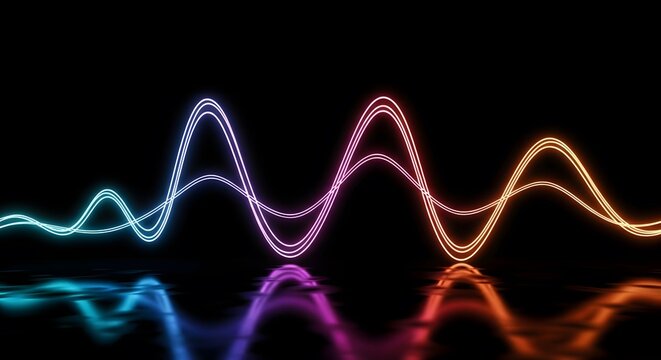 Neon sound wave oscilloscope on reflective surface with oscilloscope colorful reflection abstract