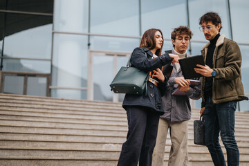 Fototapeta premium High school students gathered on outdoor steps reviewing a tablet together. The student group discusses notes and collaborates on a study task by the school entrance.