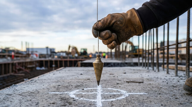 Global Infrastructure, Worker hand with leather glove holding plumb bob over concrete marked target at construction site during survey