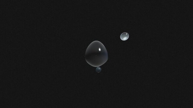 Abstract 3d render of floating liquid spheres or water droplets on a dark background