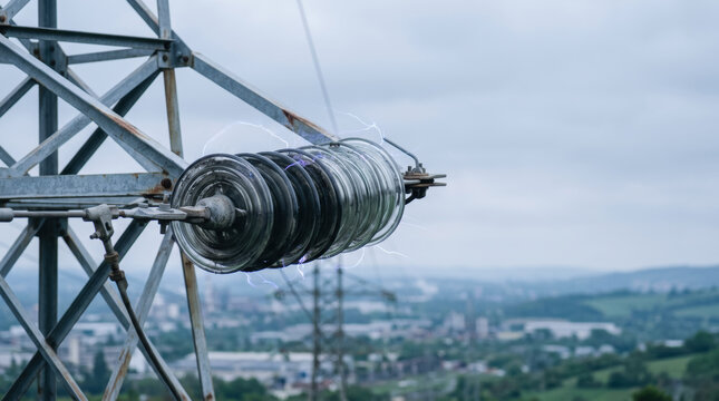 Global Infrastructure, Glass insulator string on high voltage transmission tower with electric arc and industrial landscape in background