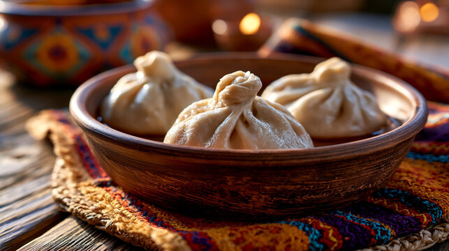Traditional khinkali dumplings in a rustic bowl with georgian food comfort food main course