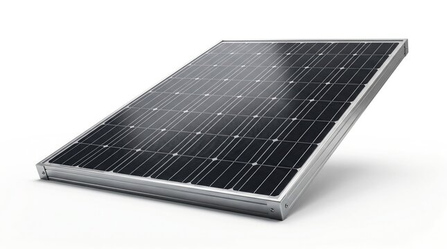 Solar panel with a sleek silver frame on an isolated white background for renewable energy solutions