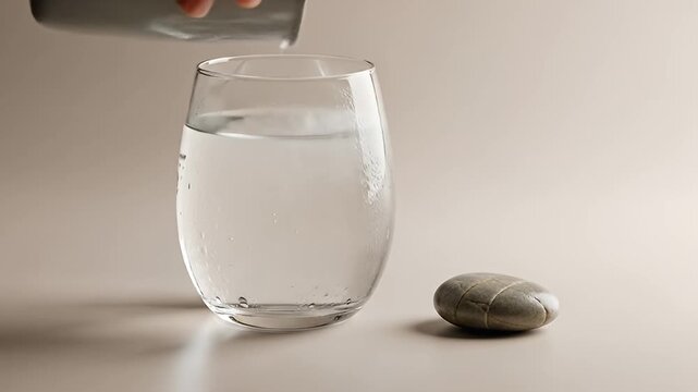 Glass being filled with water, with a smooth rock nearby, on a neutral surface