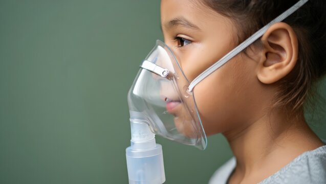 A young girl uses an inhaler to breathe, wearing a mask over her nose and mouth, set against a green background, illustrating a common medical treatment for respiratory issues.