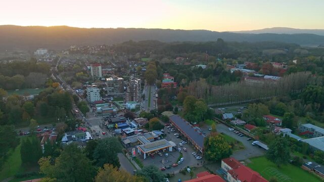 Aerial Panorama of Teja island District at Golden Hour Valdivia Chile City Establishing