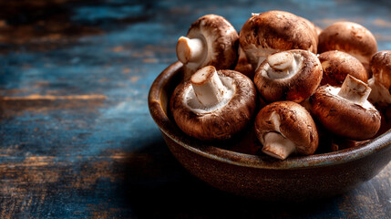 Fototapeta premium Close-up of fresh brown mushrooms in a bowl on a dark wooden surface with still life, mushrooms