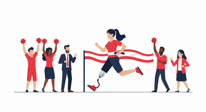 Disabled Female Runner with Prosthetic Leg Crossing Finish Line to Cheering Crowd. Vector Illustration of Inclusivity and Success.