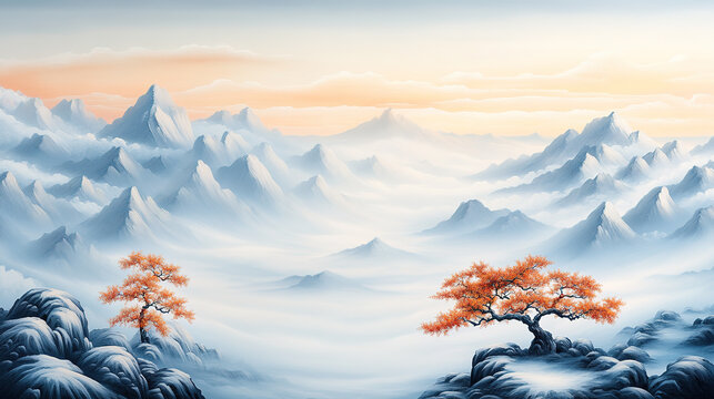 Chinese style autumn landscape clouds and red maple landscape painting