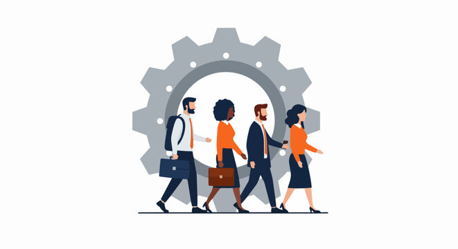 Diverse Business People Walking in Front of a Giant Gear Mechanism Vector. Symbolizes Teamwork, Industrial Efficiency, Corporate Success, and Collaborative Workflow.