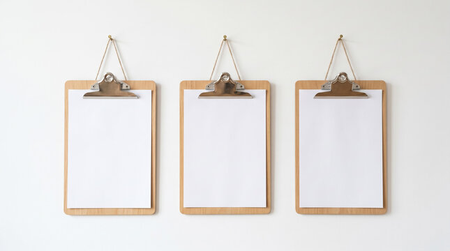 Three blank notepads hanging on a white wall with clips