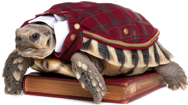 Anthropomorphic tortoise wearing a suit jacket and vest sitting on a book with dressed