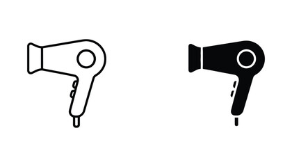 Hair dryer icon set showing handheld electronic beauty appliance in outline and solid black silhouette styles for salon or cosmetic branding © Zenith