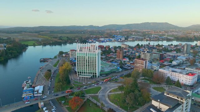 Aerial Panning of City Traffic Motion and Valdivia Skyline Chile Coastal Landmark high frame rate