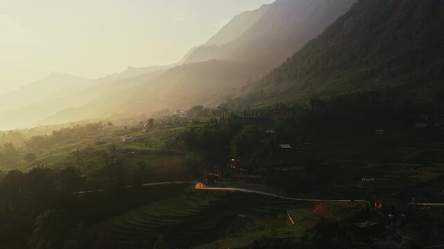 Dramatic Landscapes Of Mountains And Fields During Sunrise In Sapa, Vietnam. Aerial Shot