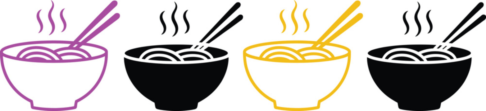 Four bowls of noodle soup with steam rising and chopsticks inside each bowl