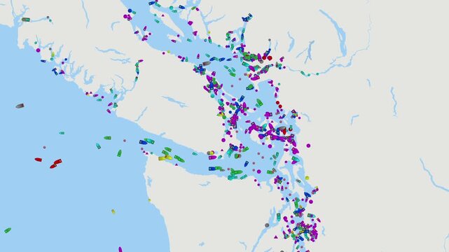 Seattle, Vancouver port . Detailed digital map of ship tracking data and maritime traffic in Seattle, Vancouver port, global trade routes, oil tanker logistics, energy distribution, geopolitical