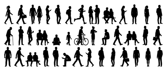 People silhouettes walking standing and sitting in various poses | diverse crowd collection for architectural visualization | flat vector icon set